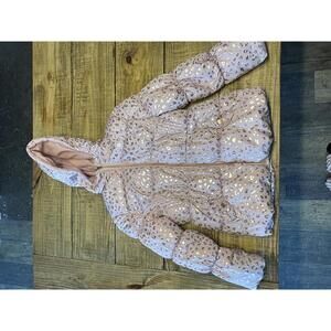 Kids Girls Pink Platinum Metallic Leopard Print Puffer Jacket with Hood sz 10 12